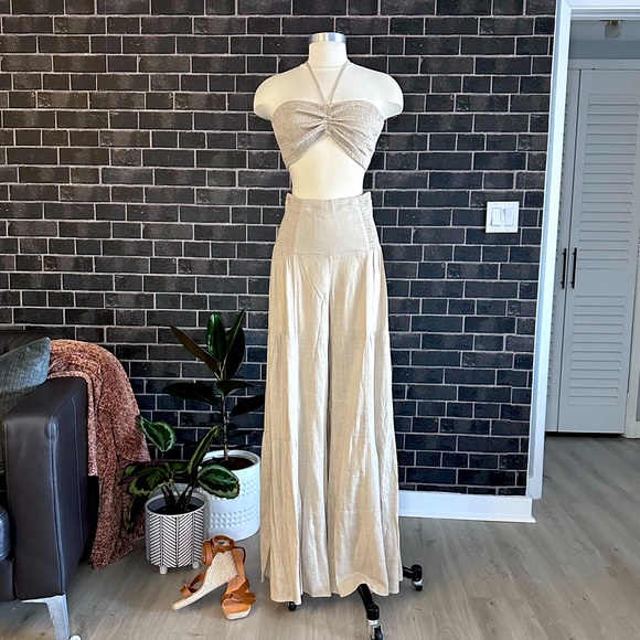CHIC LINEN HALTER TOP & WIDE LEG PANT SET - Picture 1 of 12
